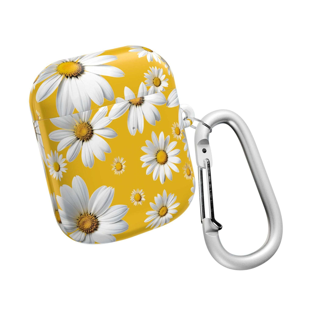 Yellow Daises AirPods case with white flowers and attached silver carabiner clip