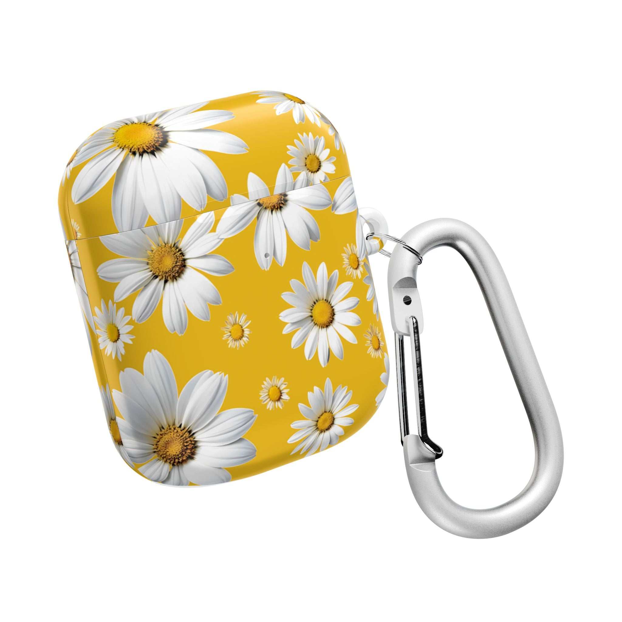 Yellow Daises AirPods case with white flowers and attached silver carabiner clip