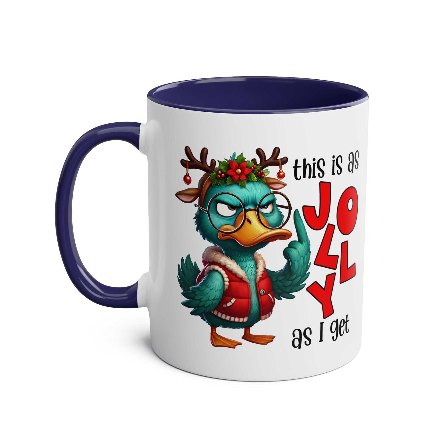 Sarky Christmas Mug with sassy duck design, available in 7 colors, 11oz ceramic, microwave and dishwasher safe.