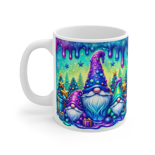 Christmas gnome mug with colorful design, perfect for holiday drinks.