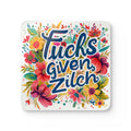 Fucks Given Zilch cheeky coaster set with high-gloss MDF, cork back, and rounded corners