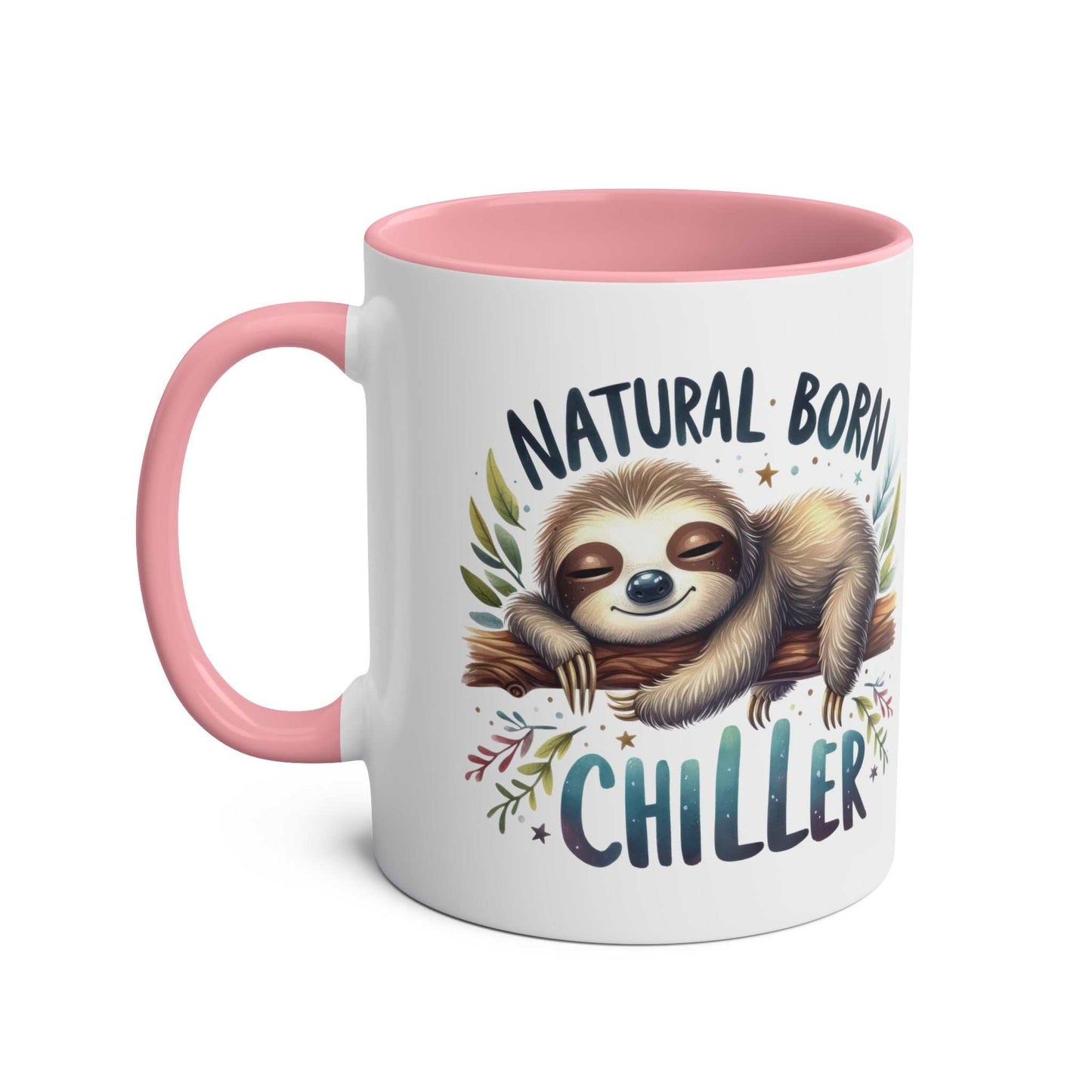 Cute sloth coffee mug with pink handle and rim, featuring "Natural Born Chiller" design.