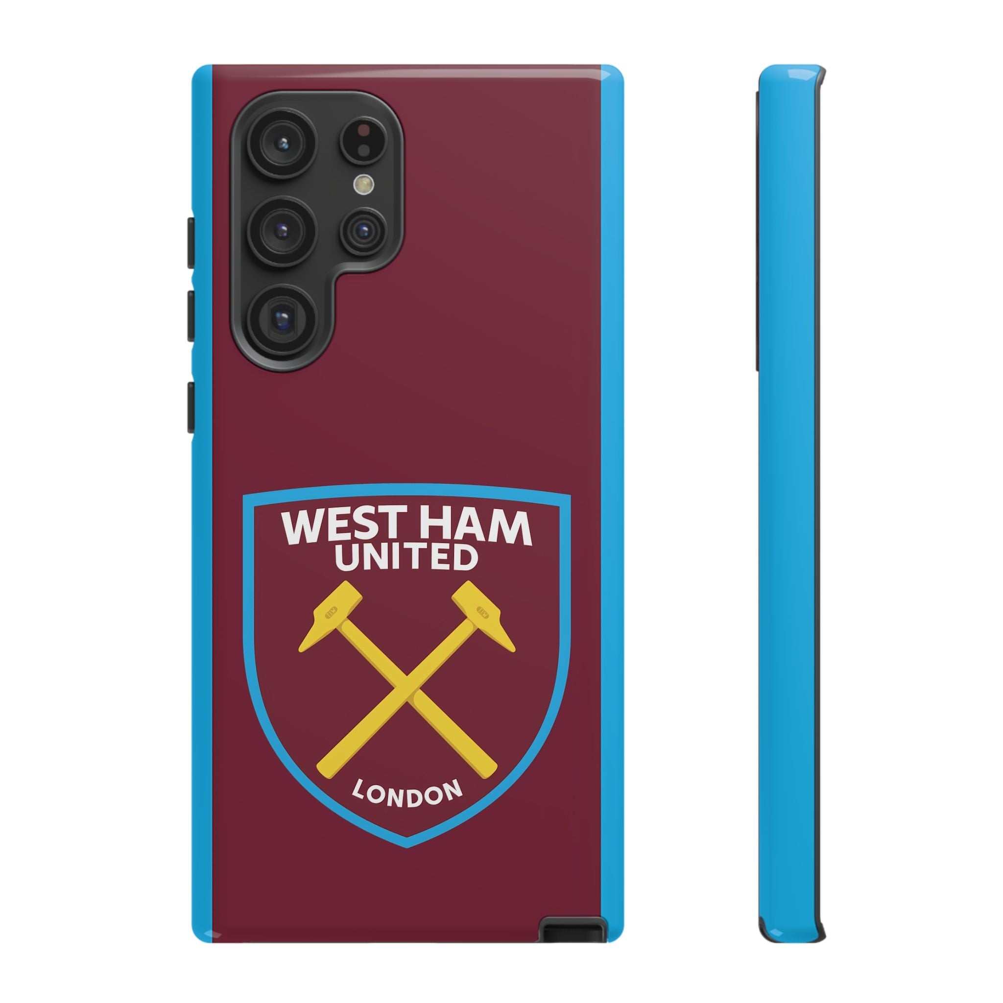 West Ham United magnetic Samsung case with claret and blue colors and shock-absorbing dual-layer protection