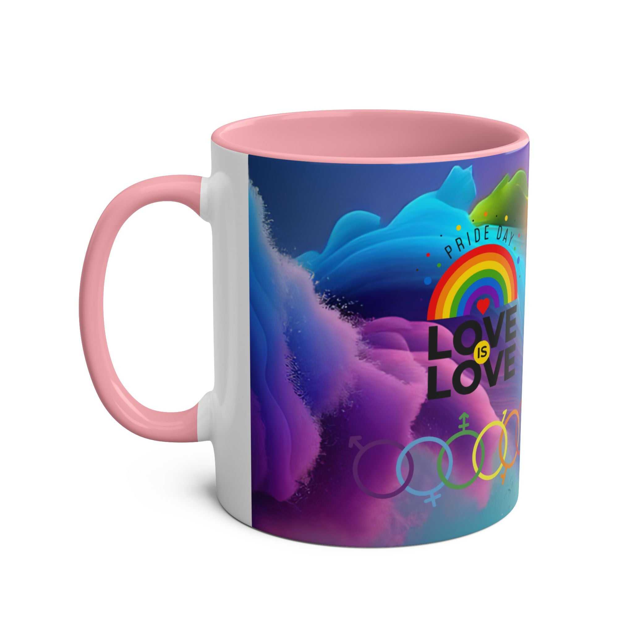 LGBTQ+ Pride mug with vibrant rainbow design, "Love is Love" text, pink handle, 11oz ceramic, dishwasher and microwave safe.
