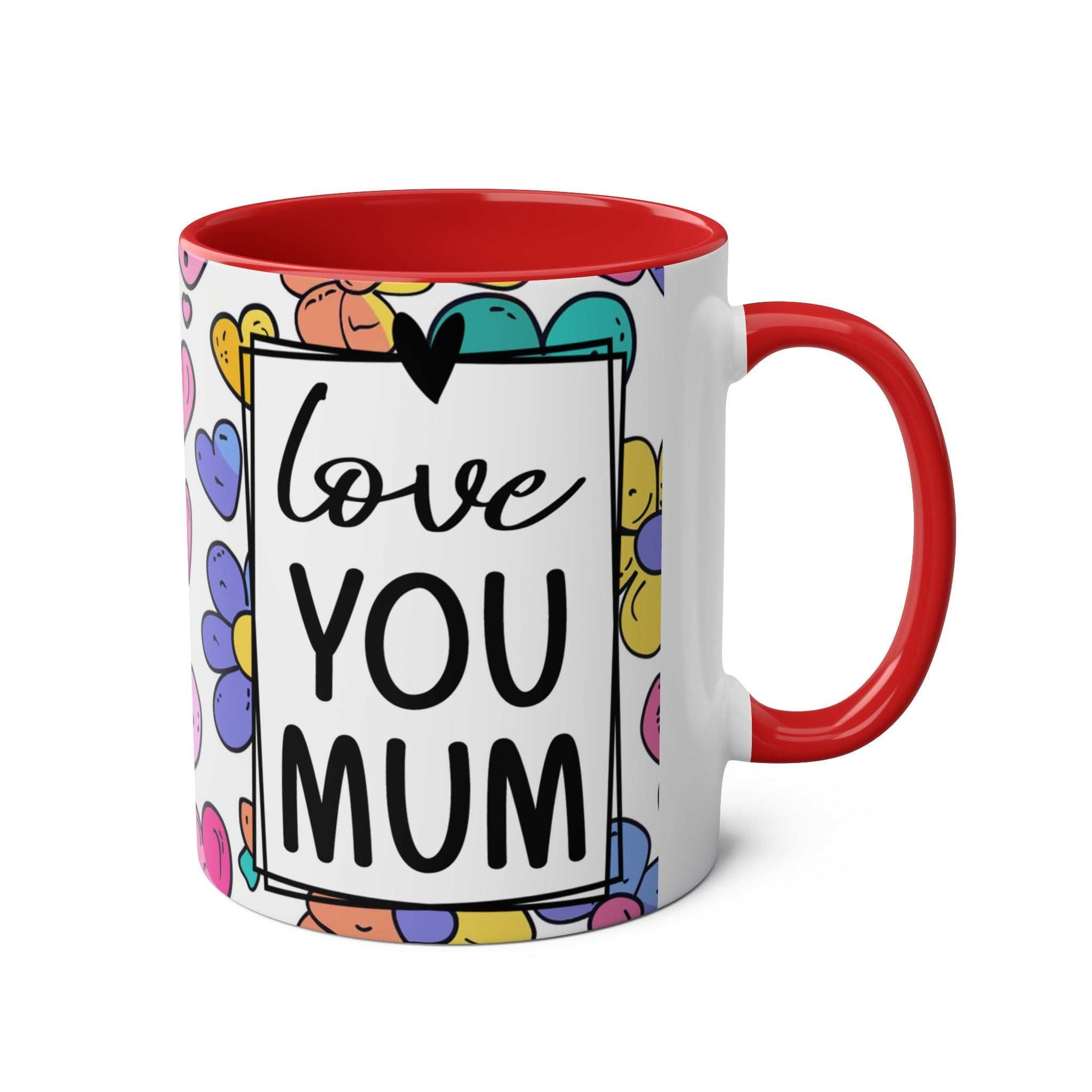 Love You Mum Floral Mug with delicate floral heart design and glossy finish, perfect gift for Mother's Day and everyday use