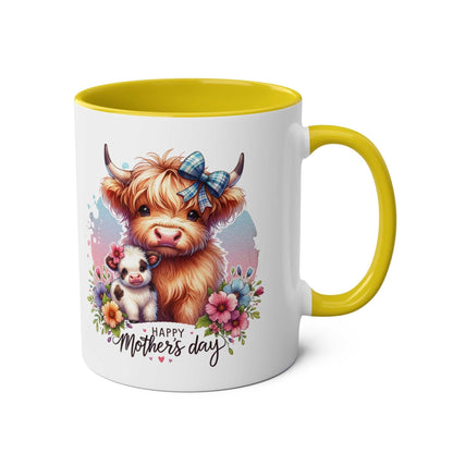Cute Highland Cow Mother's Day gift mug with yellow handle and interior, featuring an adorable cow illustration and floral design.
