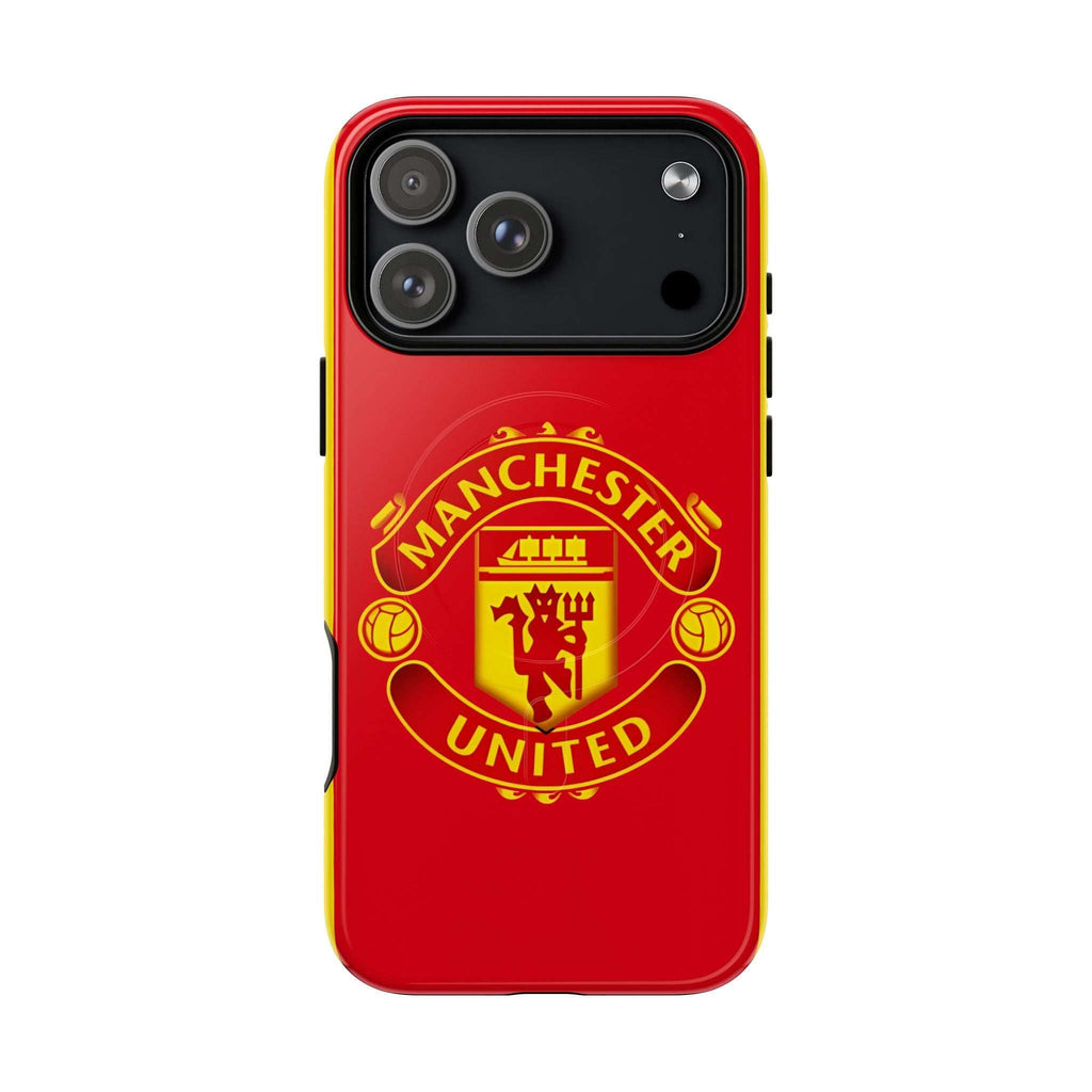 Manchester United MagSafe iPhone case with red design and club crest, dual-layer protection, and wireless charging compatible