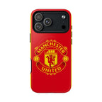 Manchester United MagSafe iPhone case with red design and club crest, dual-layer protection, and wireless charging compatible