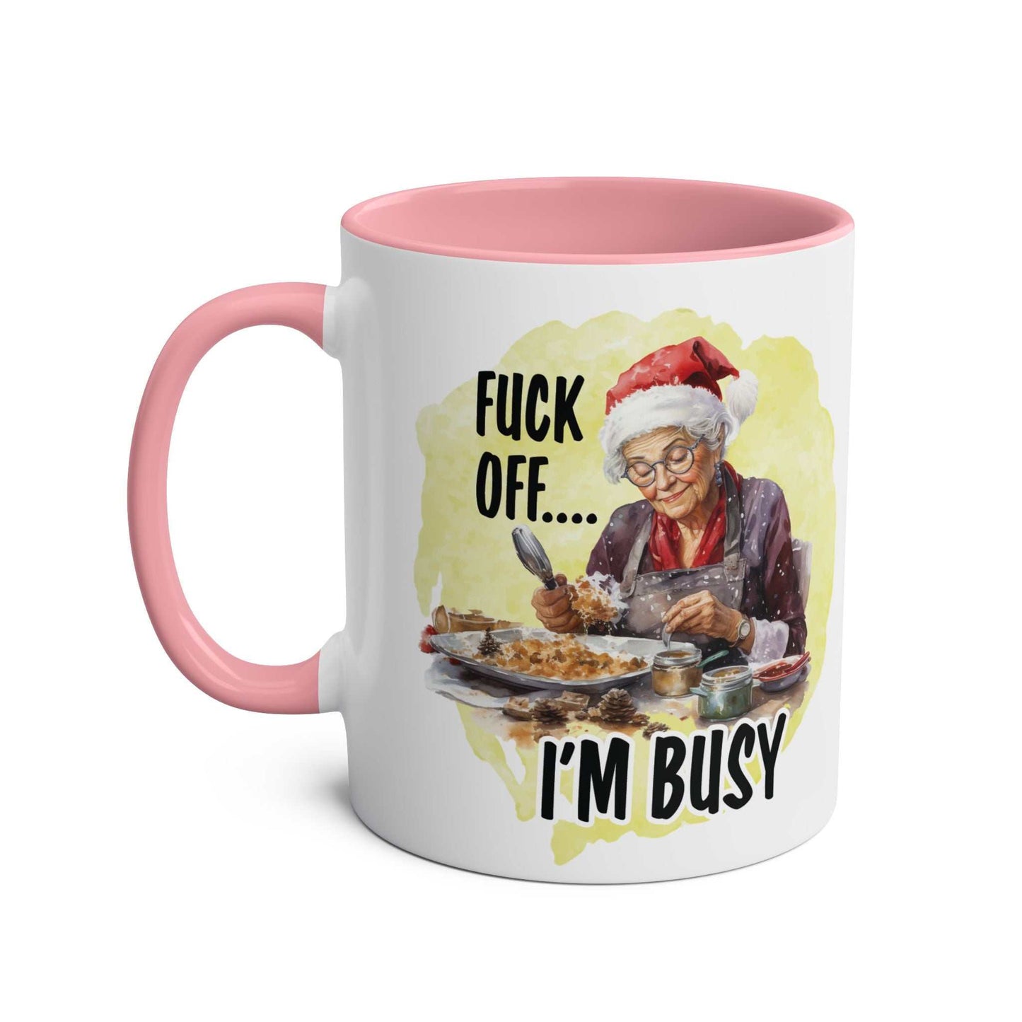 Sweary Granny Christmas Mug with festive design, cheeky holiday message, pink interior, and handle.