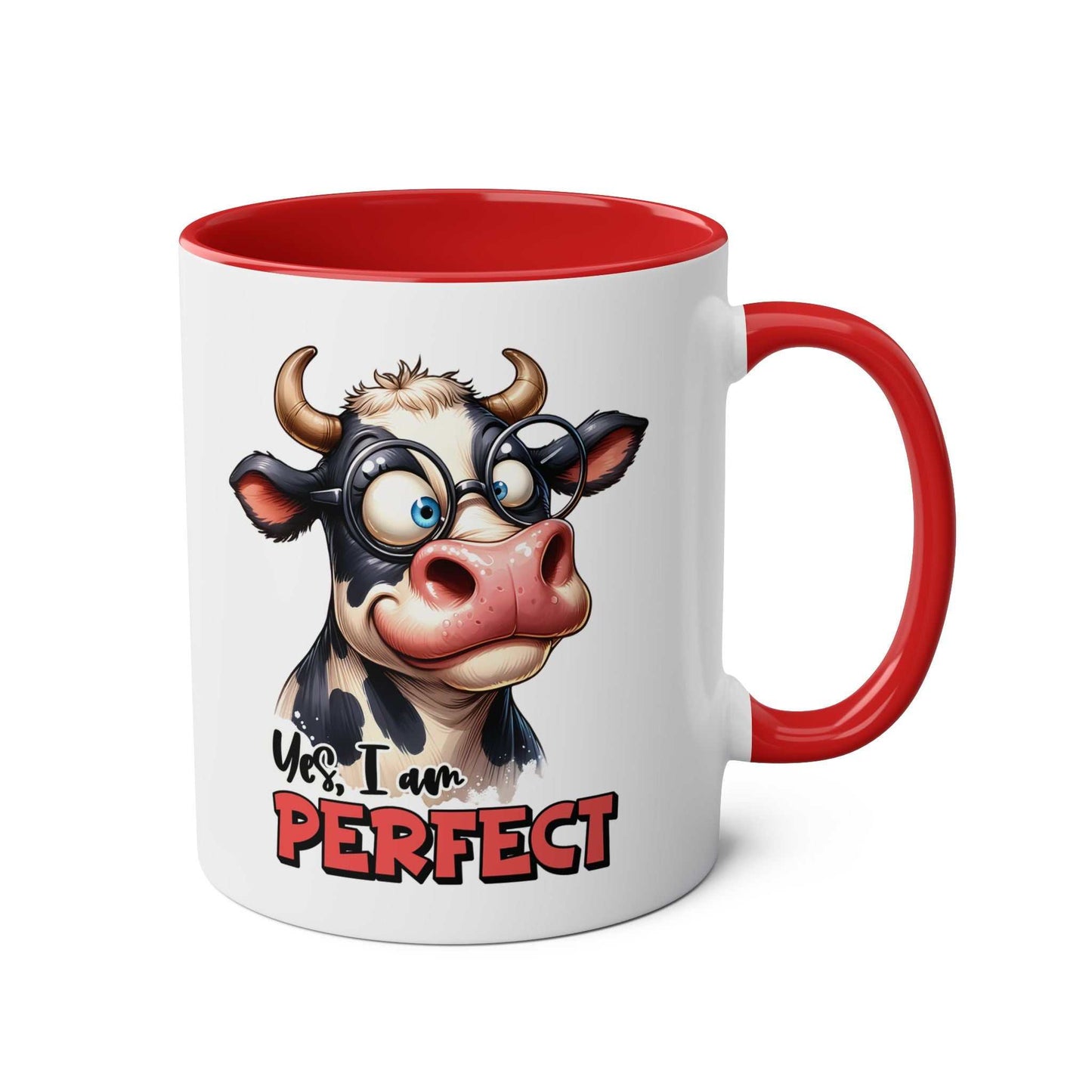 Fun cow design on 'I Am Perfect' coffee mug, red handle, 11oz, ceramic, microwave and dishwasher safe.