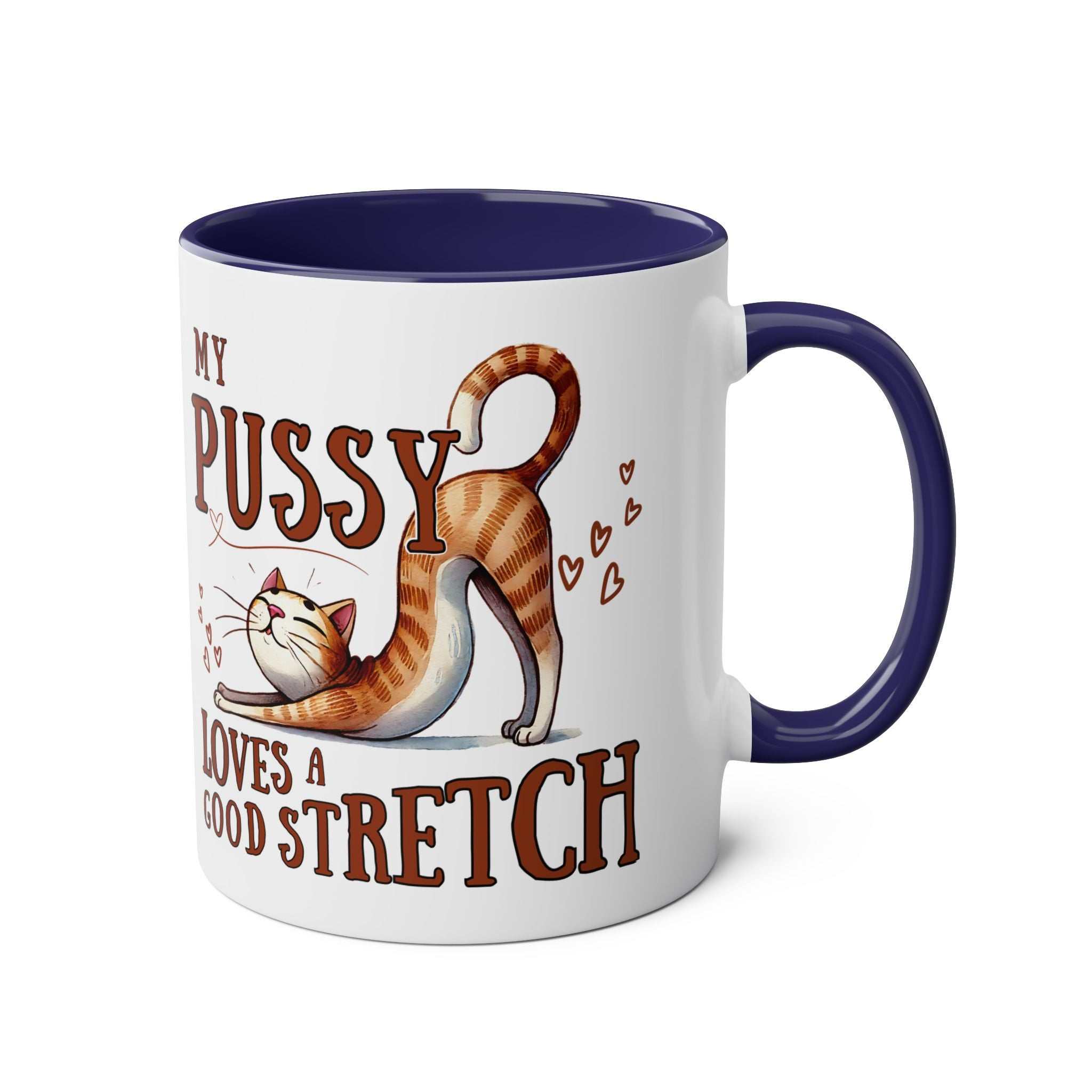 Cheeky Fun Coffee Mug with humorous cat design and navy handle, 11oz ceramic, microwave and dishwasher safe
