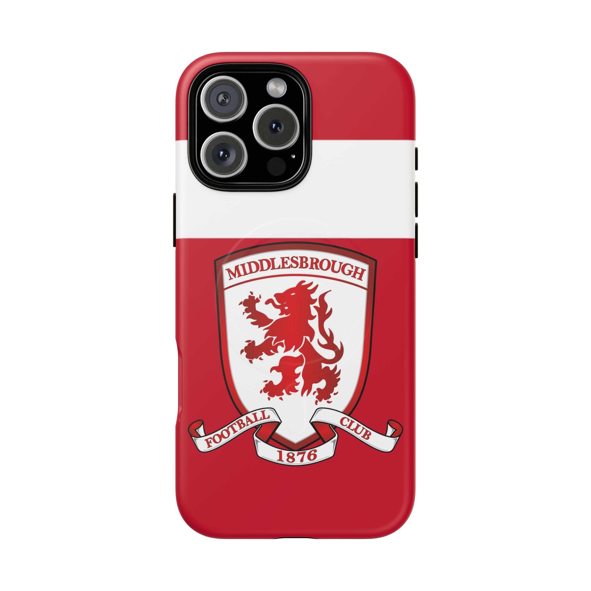 Middlesbrough MagSafe iPhone case with red color and team crest, dual-layer protection, and MagSafe compatibility.
