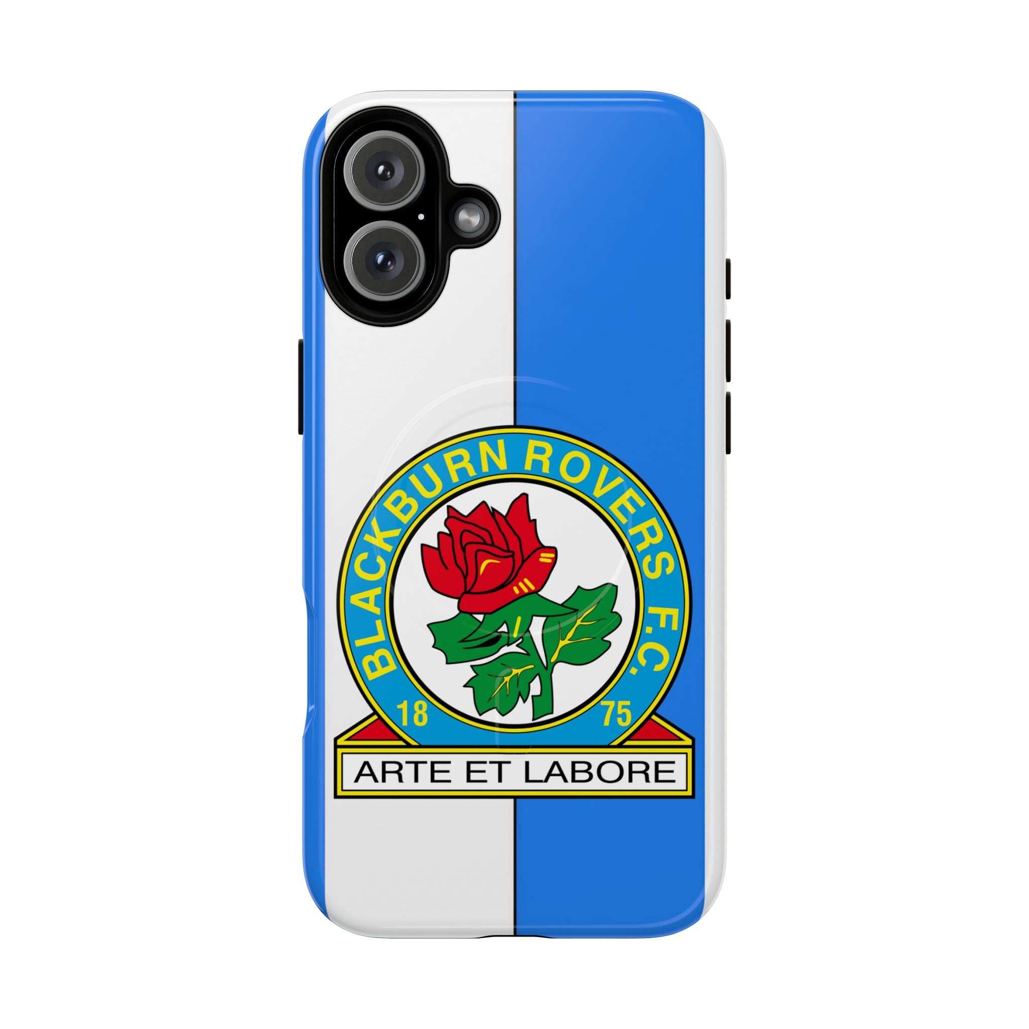 Blackburn Rovers MagSafe iPhone case with blue and white colors and club crest, durable dual-layer protection, and wireless charging compatible.
