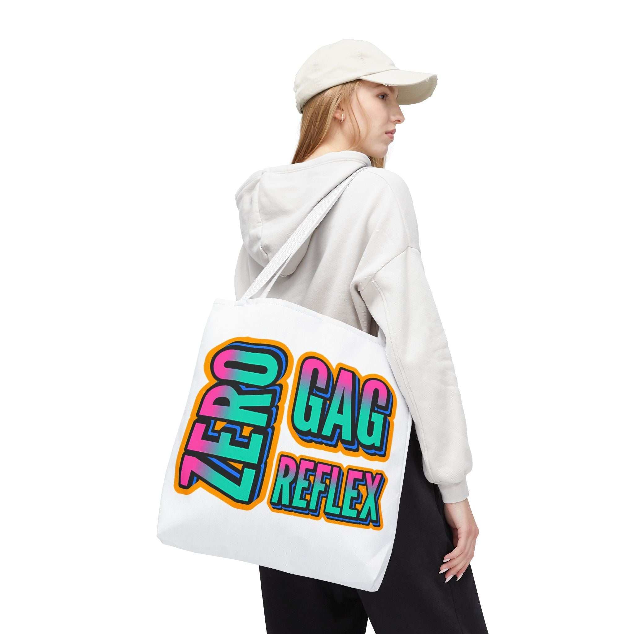 Zero Gag Reflex Tote Bag with cheeky design, durable spun polyester, multiple sizes and handle colors, lightweight and reusable