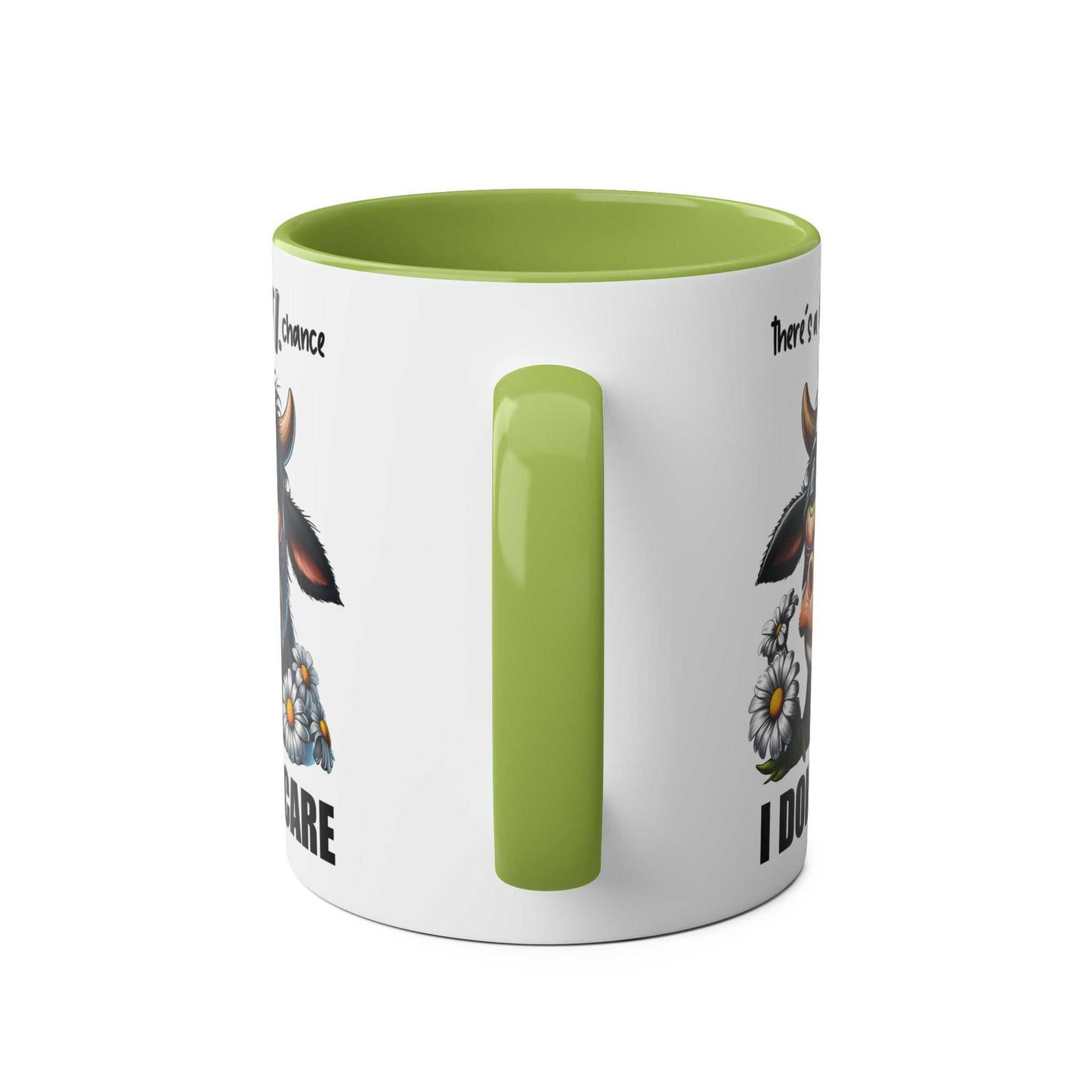 I Dont Care Coffee Mugs with quirky sarky cow design and green handle.