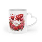 Gorgeous Valentines Day mug with heart-shaped handle and vibrant red heart design.