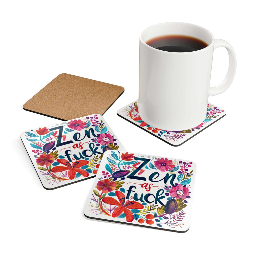 Rude Zen As Fuck coaster set with vibrant floral design and cork backing, includes a coffee mug on a coaster.