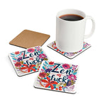 Rude Zen As Fuck coaster set with vibrant floral design and cork backing, includes a coffee mug on a coaster.