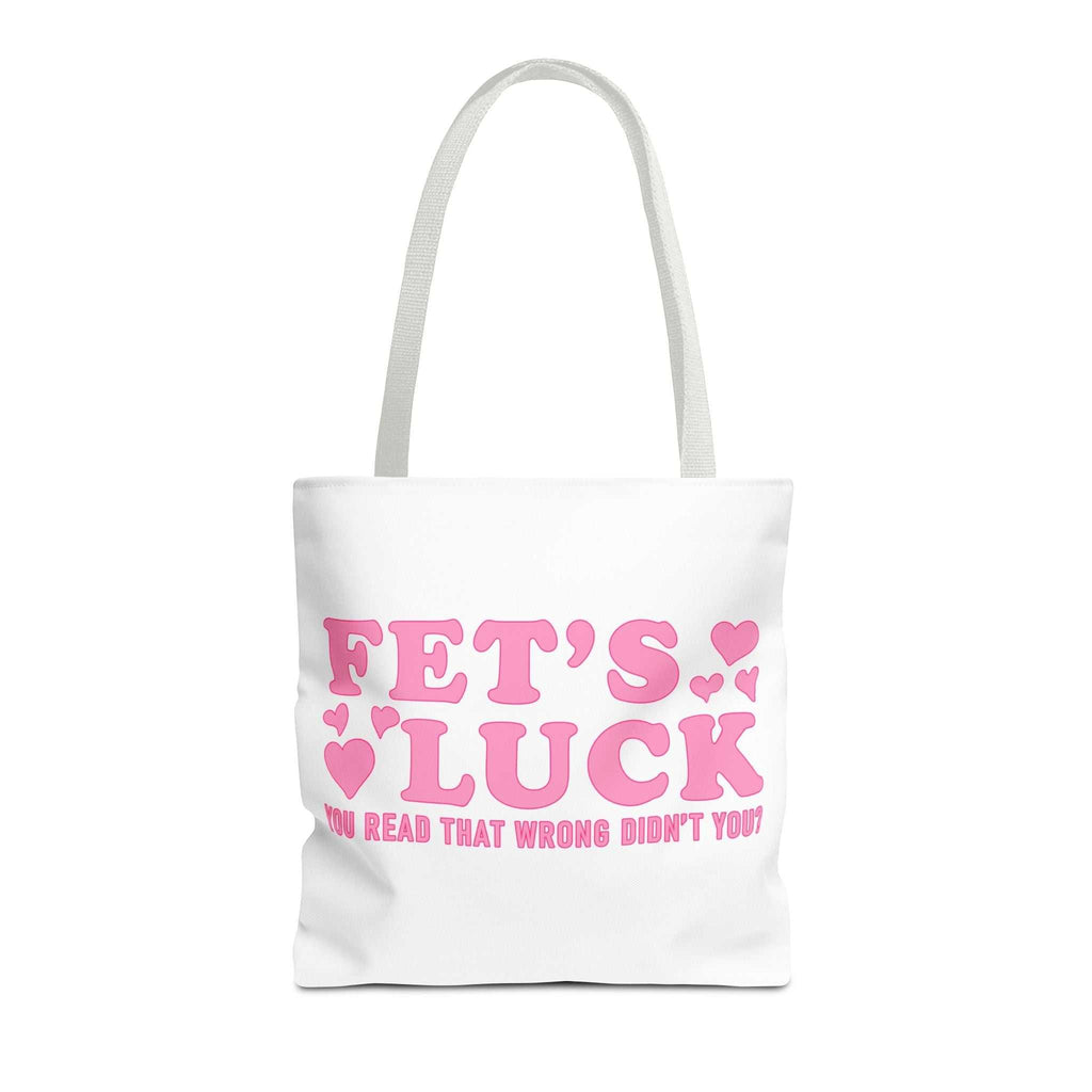 Pink heart tote bag with cheeky fun design, durable spun polyester, and multiple handle colors.