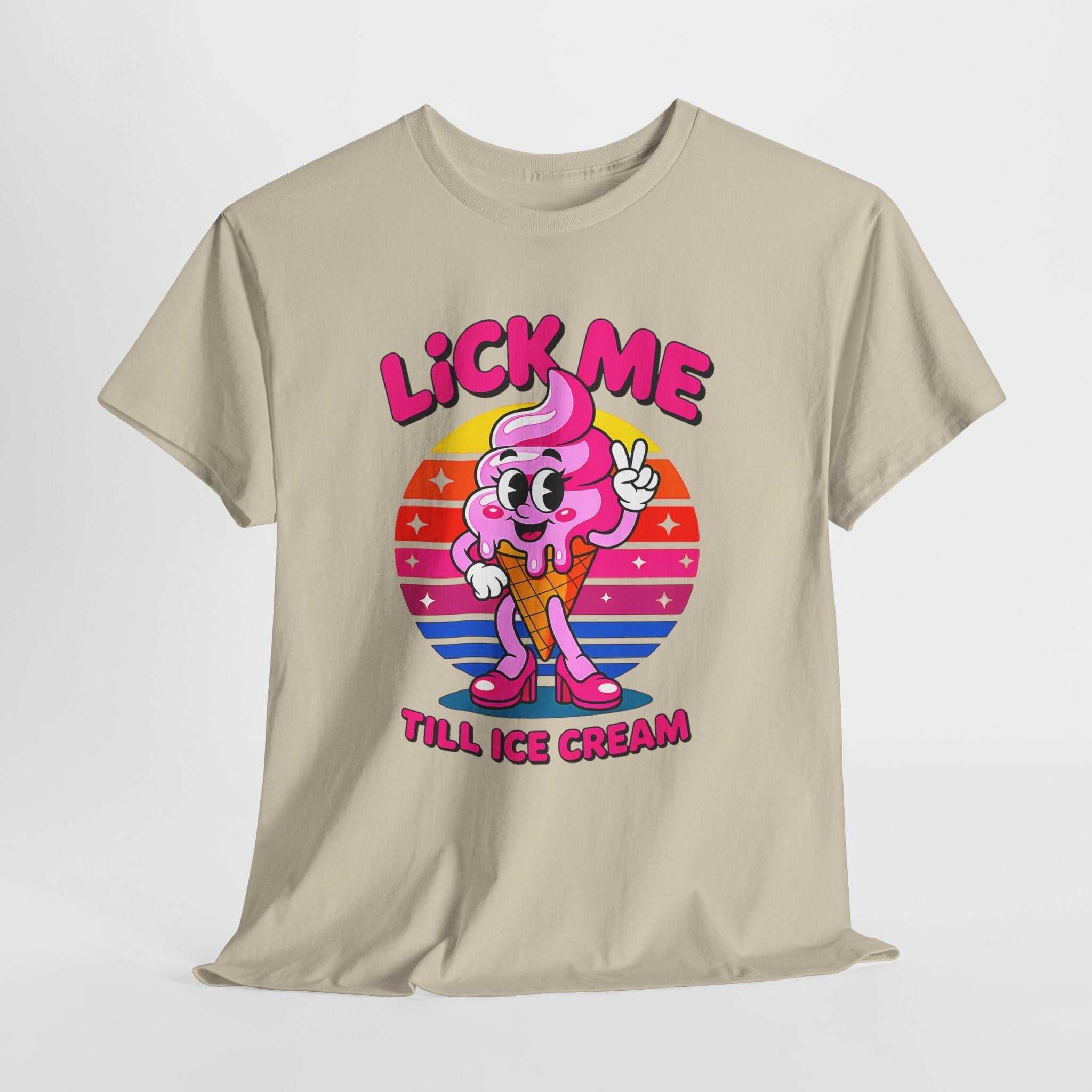 Lick Me Till Ice Cream T-Shirt with playful ice cream graphic and summer vibes, 100% cotton, soft breathable fabric