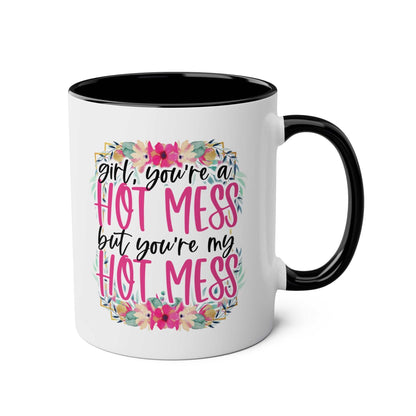 Hot Mess Coffee Mug with floral design and cheeky text, 11oz ceramic, glossy finish.