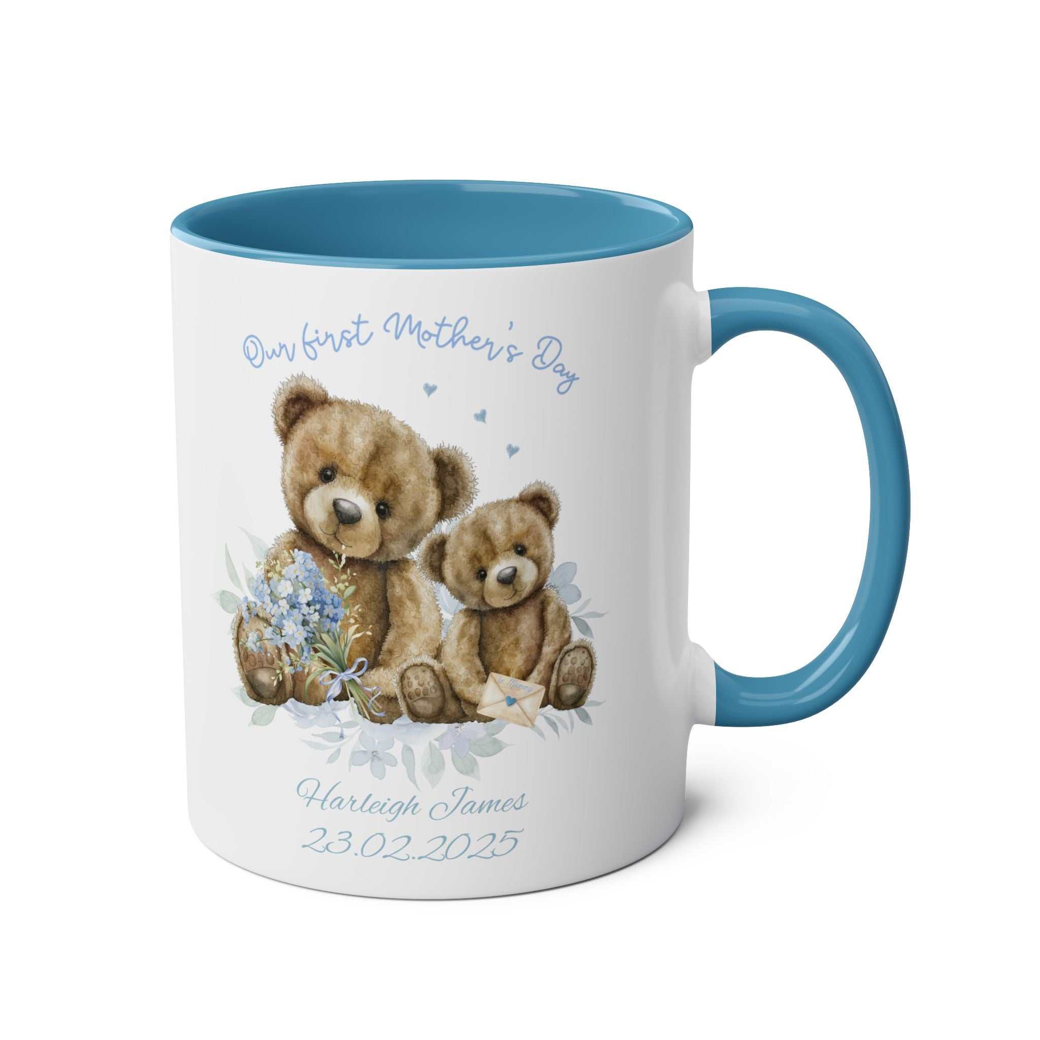 Personalised Our First Mother's Day Boy Gift Mug featuring teddy bear design and custom message.