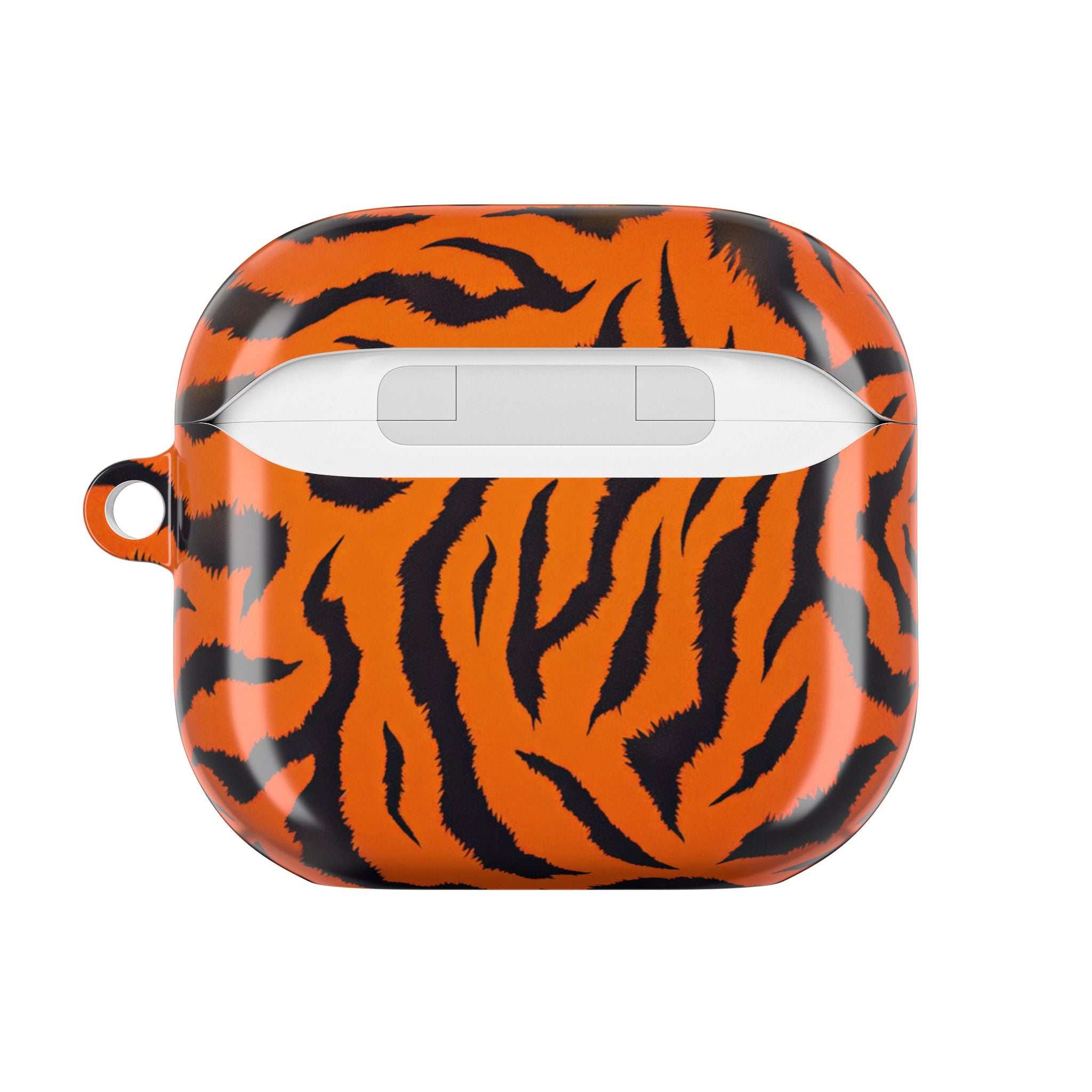 Orange tiger print protective hard shell case for AirPods and AirPods Pro with glossy finish and wireless charging compatibility