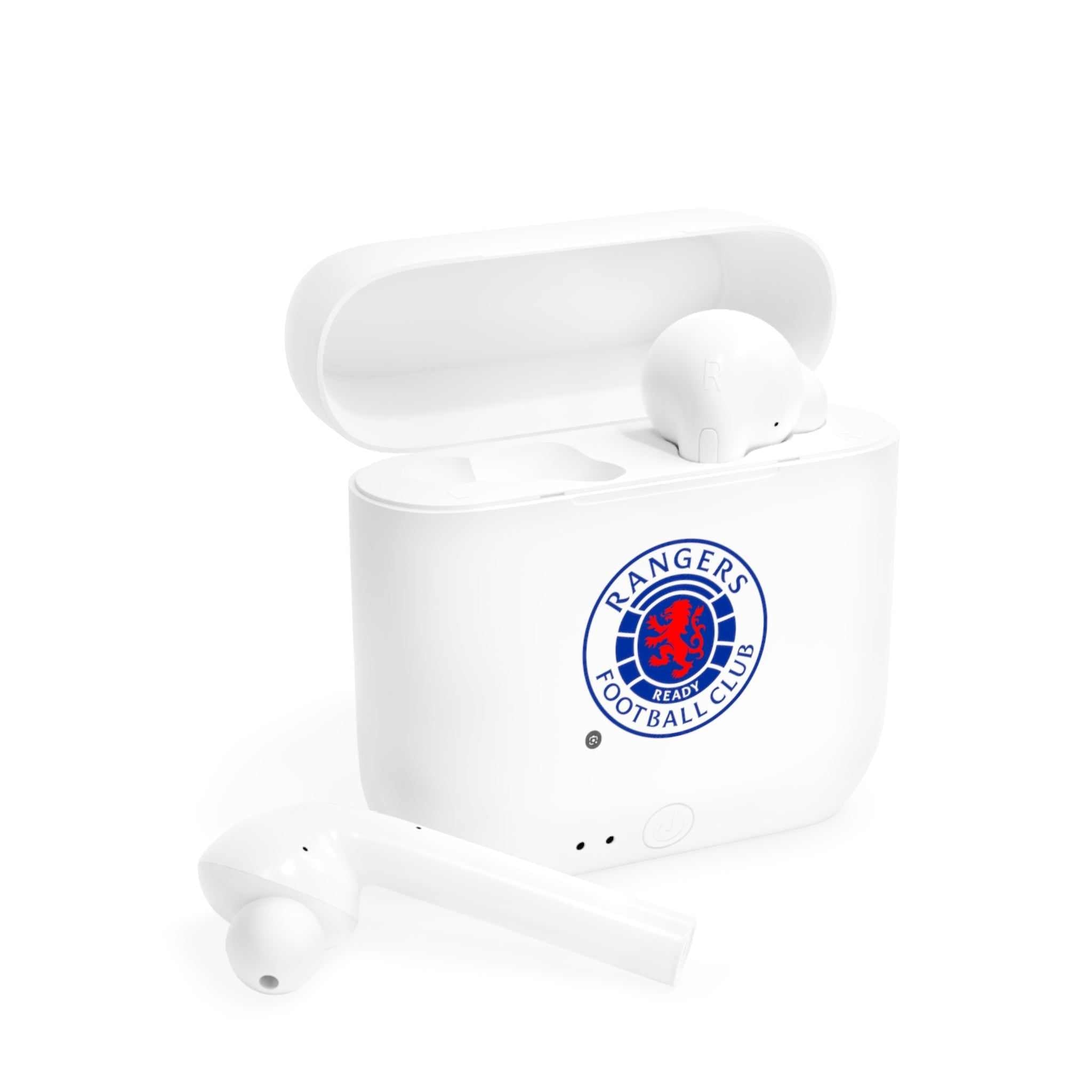 Rangers Fc wireless earbuds with charging case featuring fan-inspired club crest design