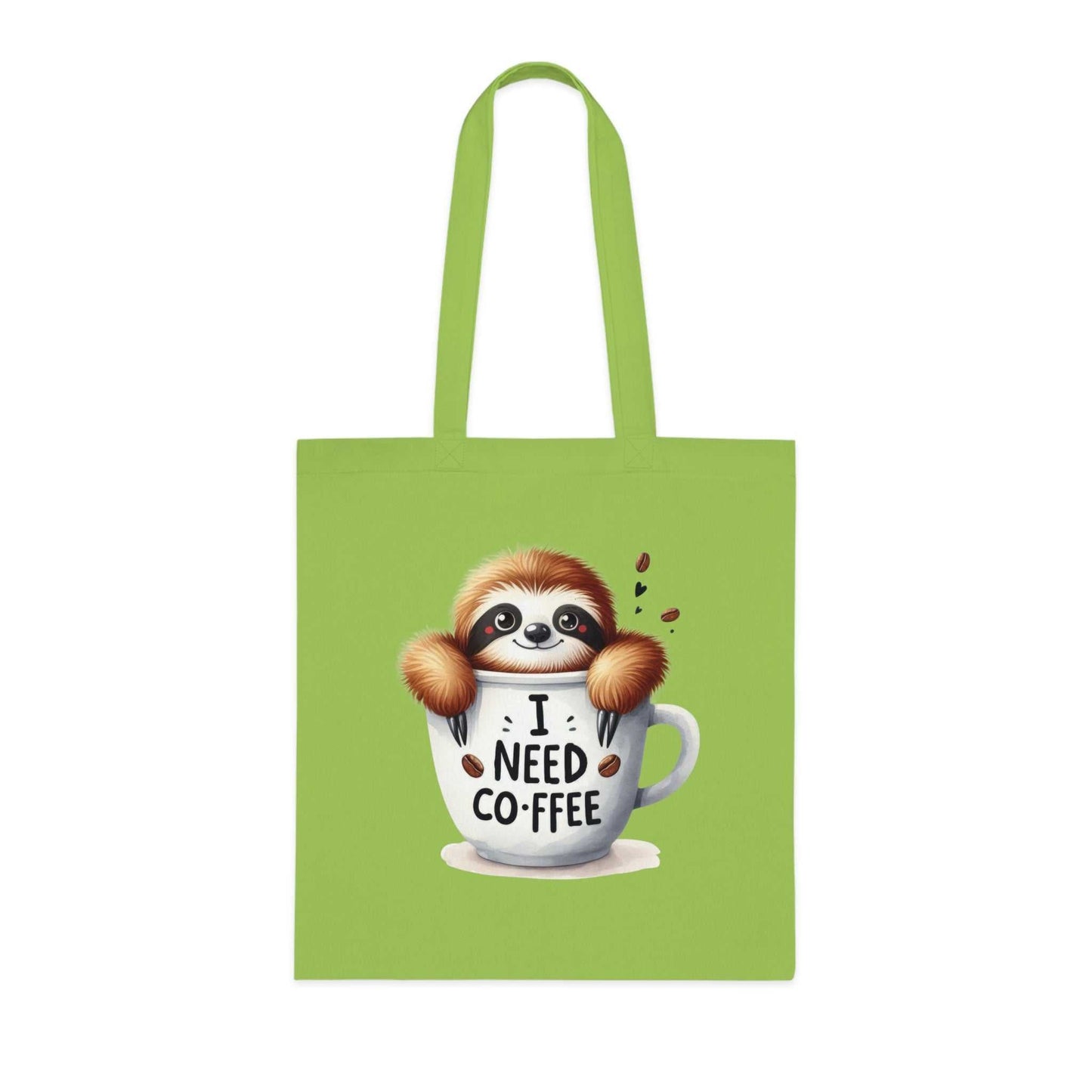 Cute sloth cotton tote bag in vibrant green with fun design and coffee theme.