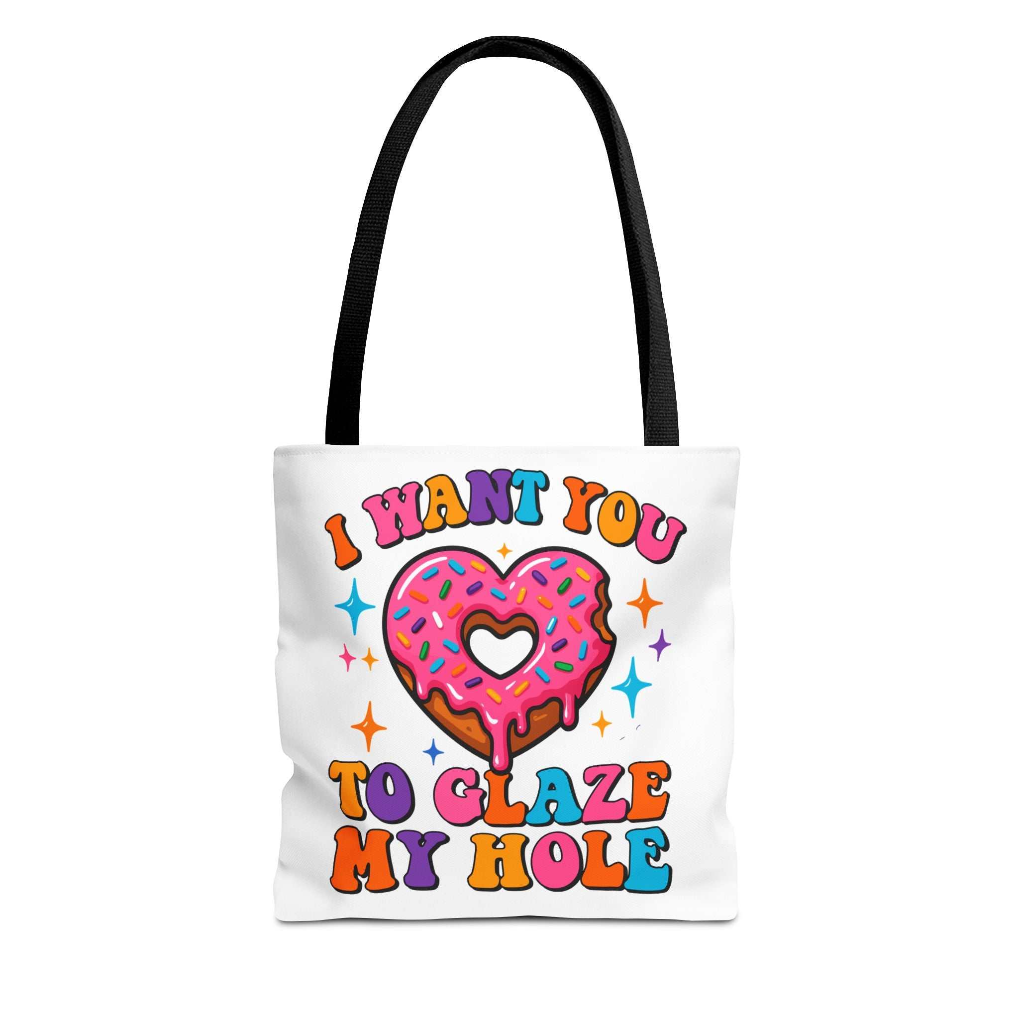 Glaze My Hole Donut Tote Bag with cheeky donut design and colorful handles in durable spun polyester