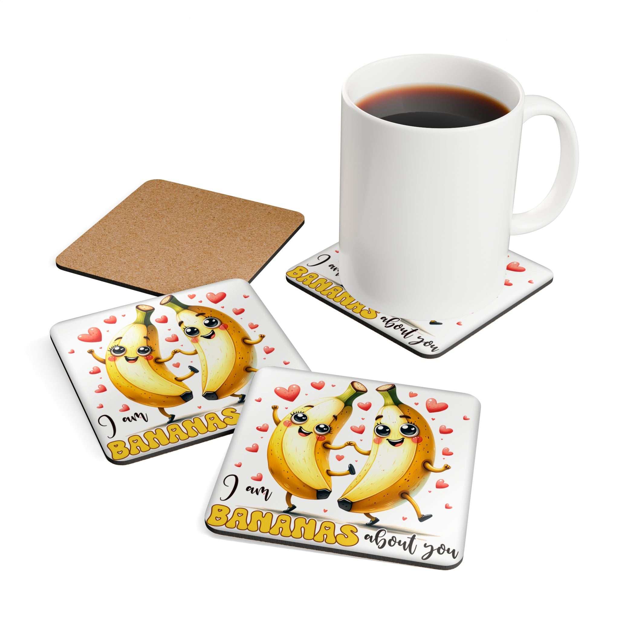 Bananas About You Coaster Set with playful banana design and cork backing.