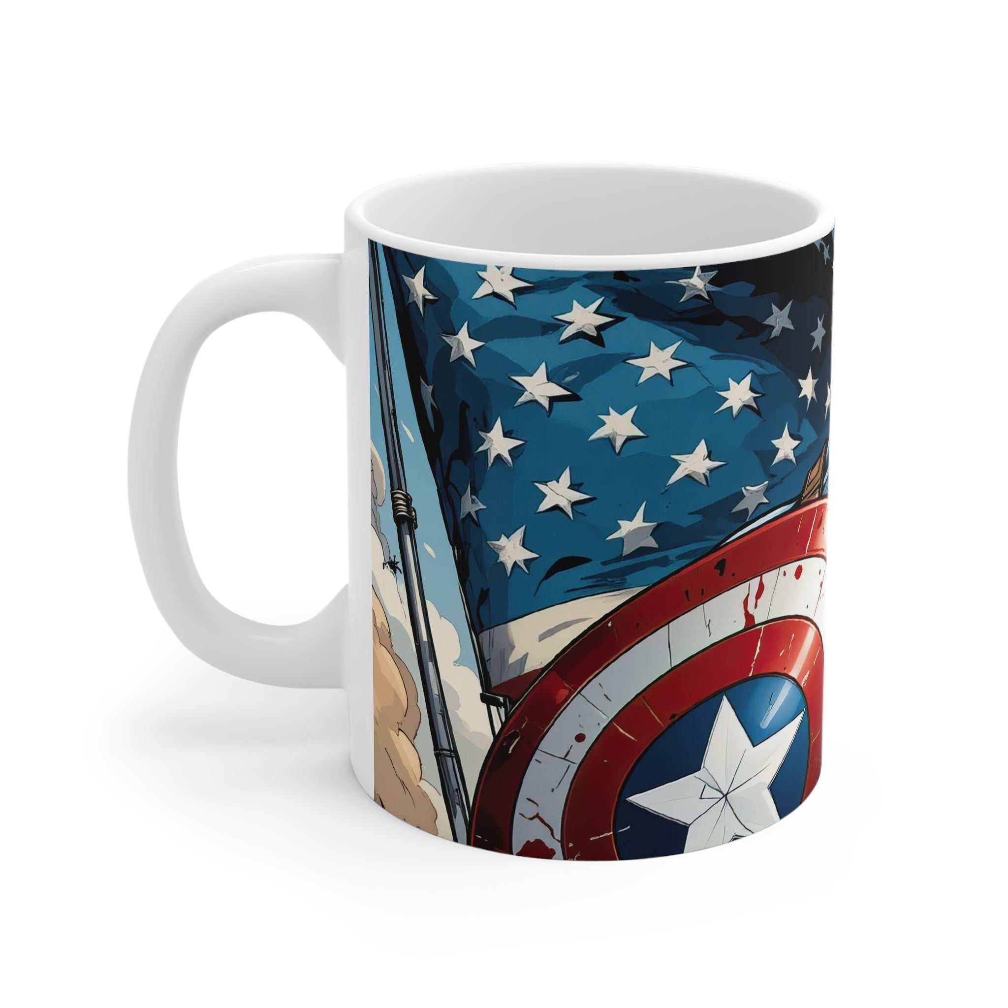 Captain America inspired ceramic mug with superhero shield and stars design, 11oz, microwave and dishwasher safe