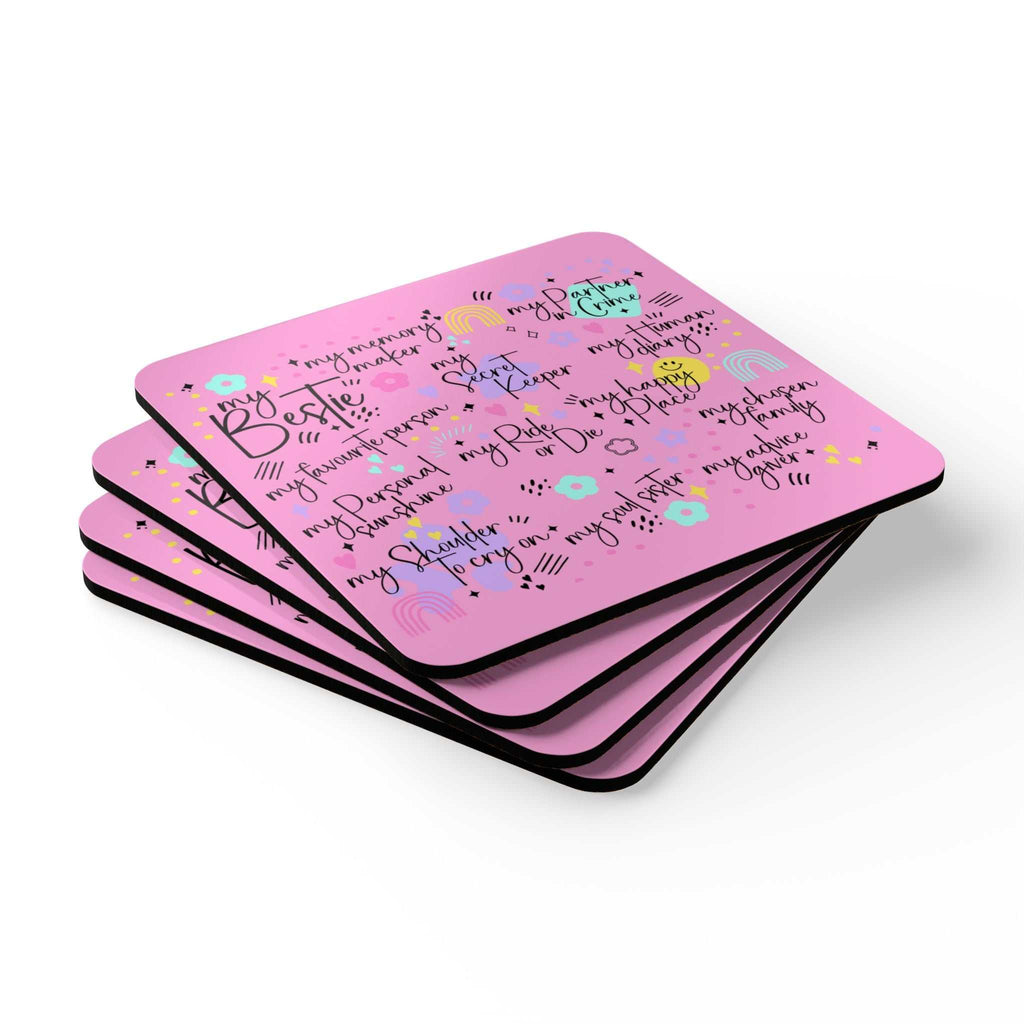 My Bestie Pink Coaster Set with fun designs, high-gloss MDF top, and cork back, perfect for any gathering.