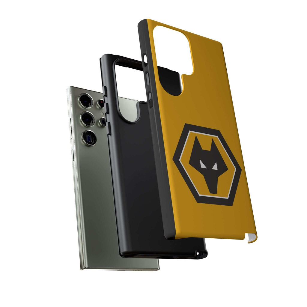 Wolves FC Magnetic Samsung Case in gold and black with protective dual-layer design for wireless charging and shock absorption