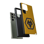 Wolves FC Magnetic Samsung Case in gold and black with protective dual-layer design for wireless charging and shock absorption