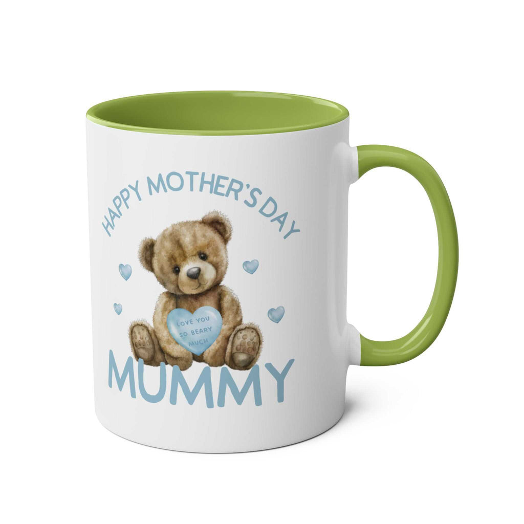 Cute bear design Mother's Day mug with green interior and handle.