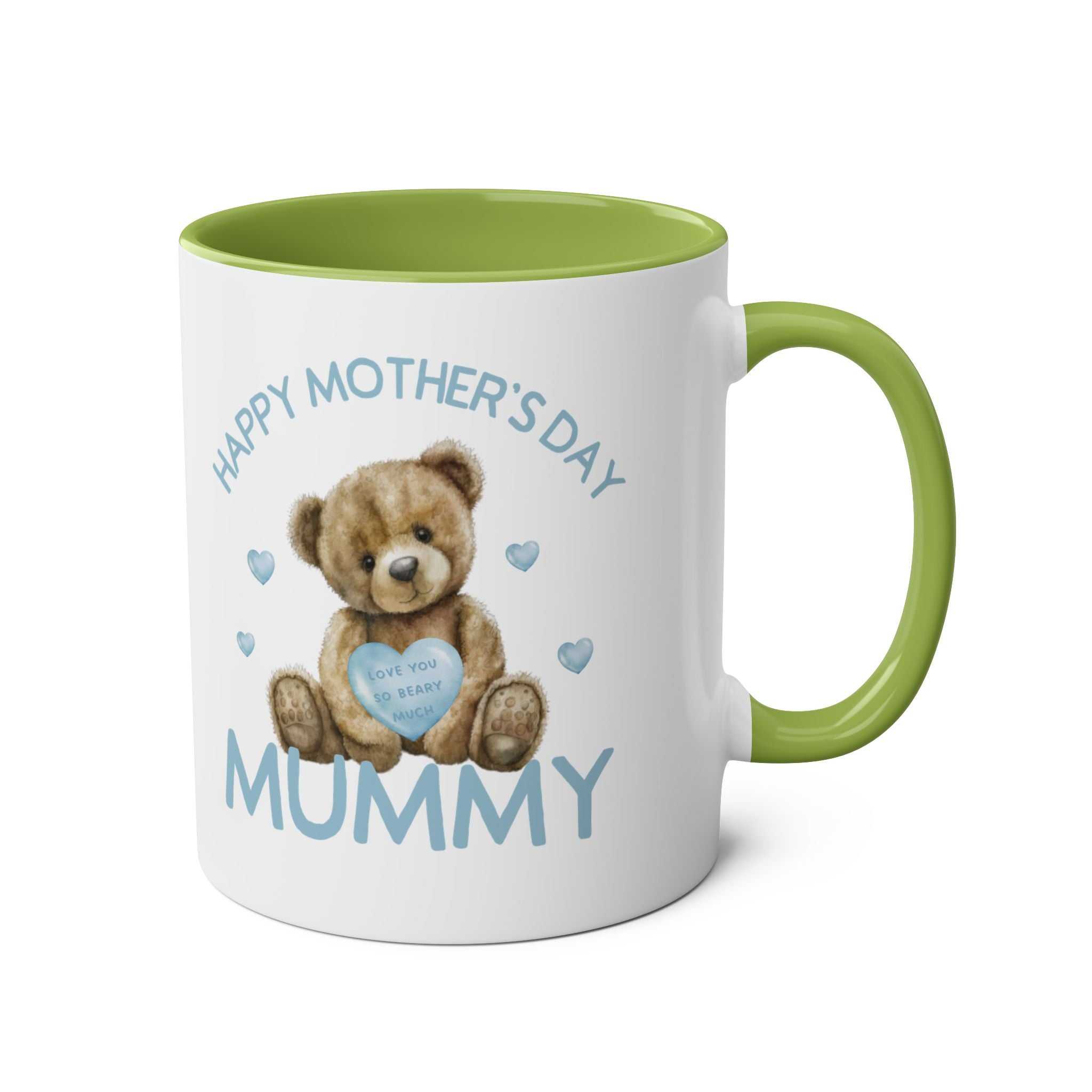 Cute bear design Mother's Day mug with green interior and handle.
