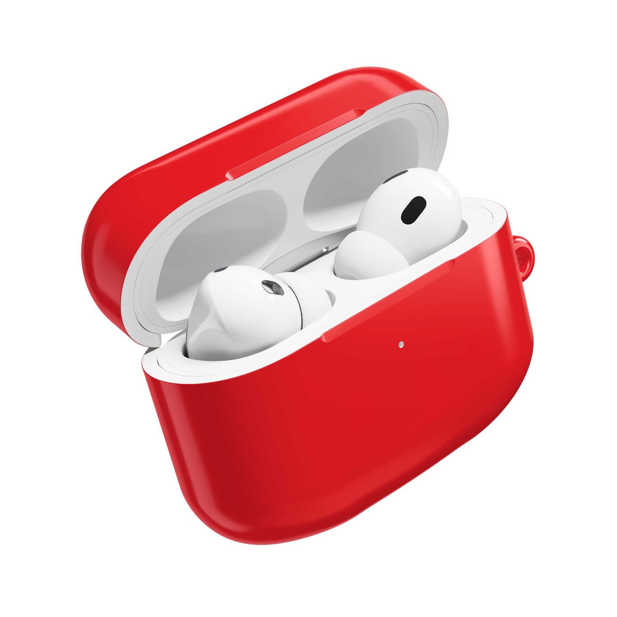 Red AirPods Pro protective hard shell case with glossy finish, durable and lightweight design, scratch and bump resistant, compatible with wireless charging.