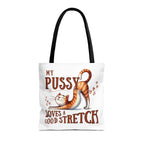 Fun stretching cat tote bag with cheeky design and colorful handles, durable and lightweight for everyday use