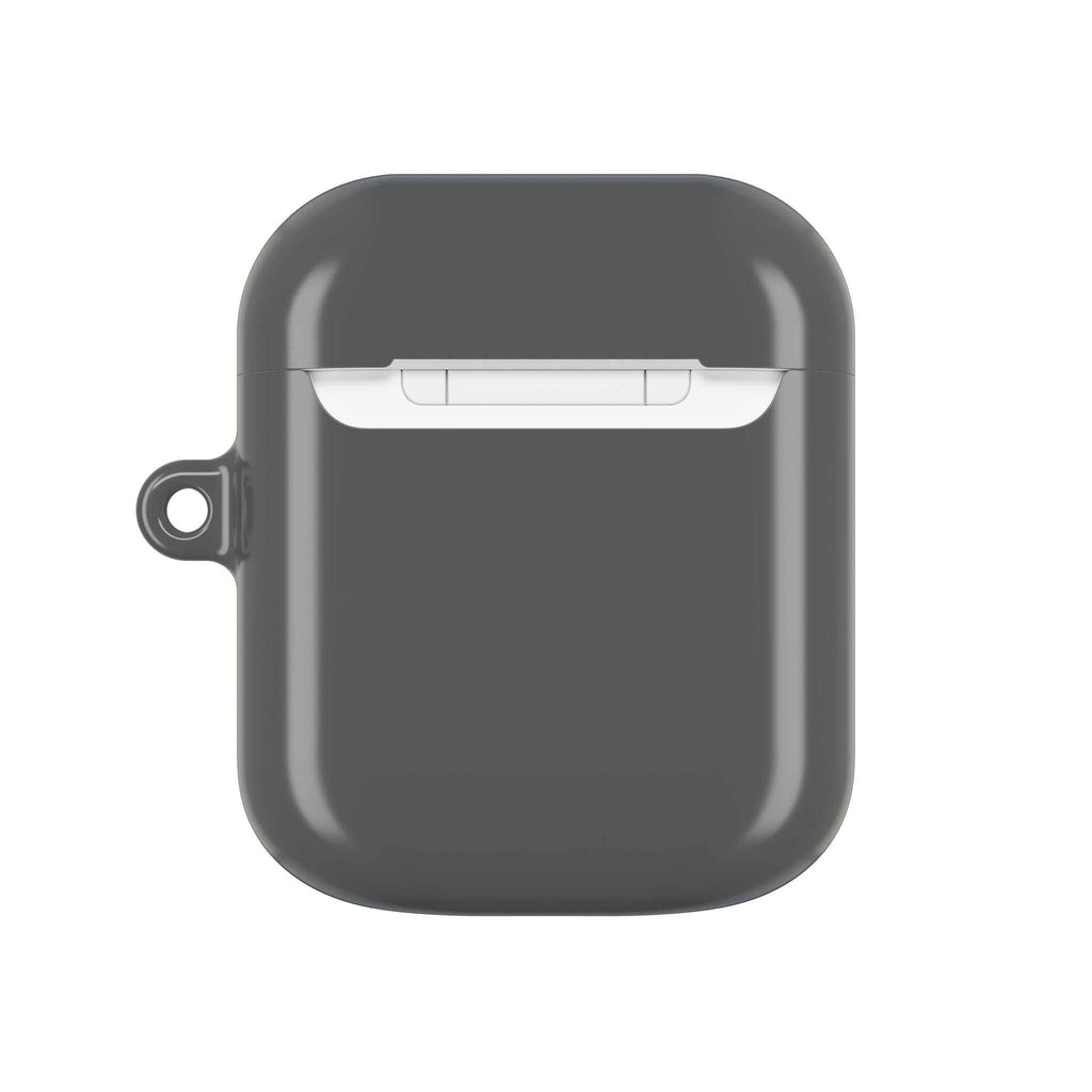 Gunmetal grey hard shell AirPods protective case with glossy finish and wireless charging compatibility