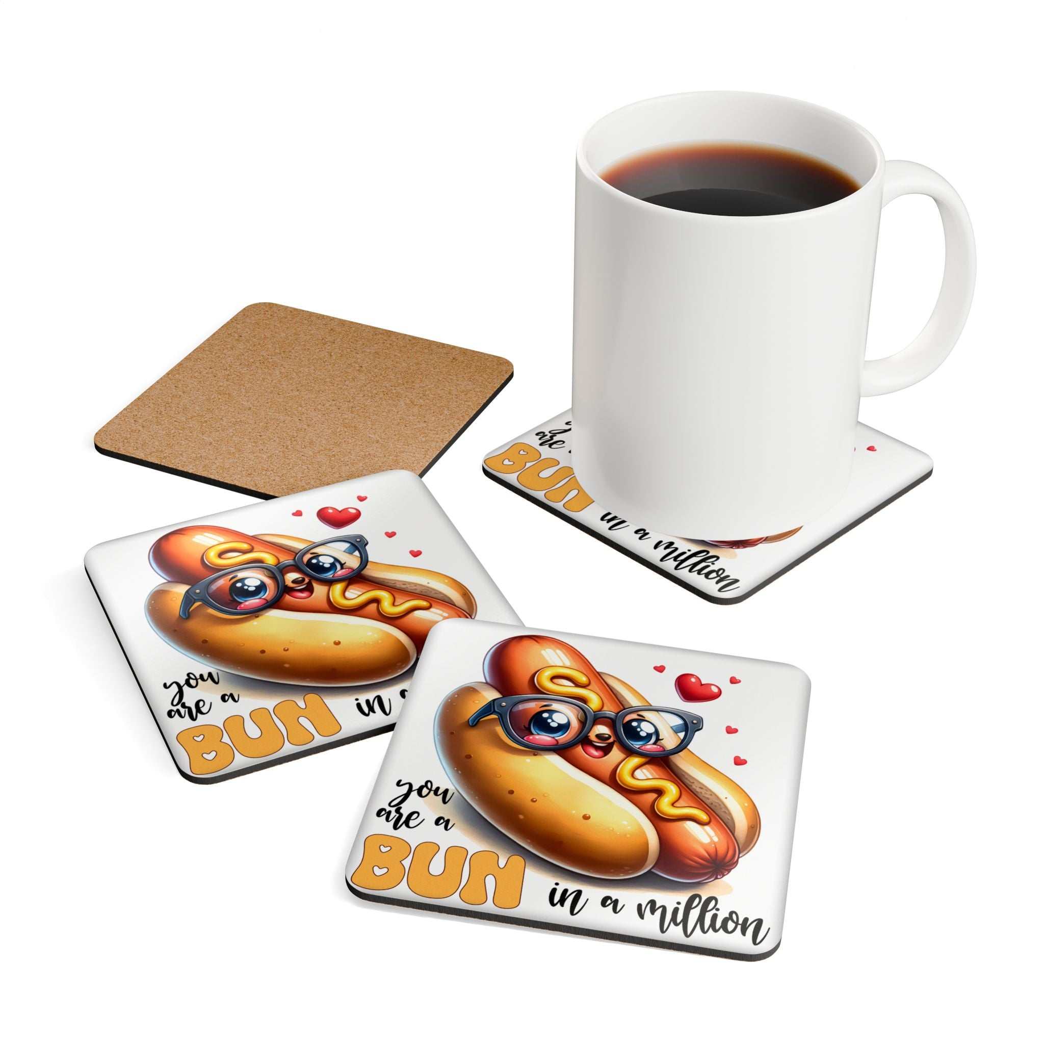Bun In A Million Coaster Set with fun bun design, high-gloss top, and cork back.