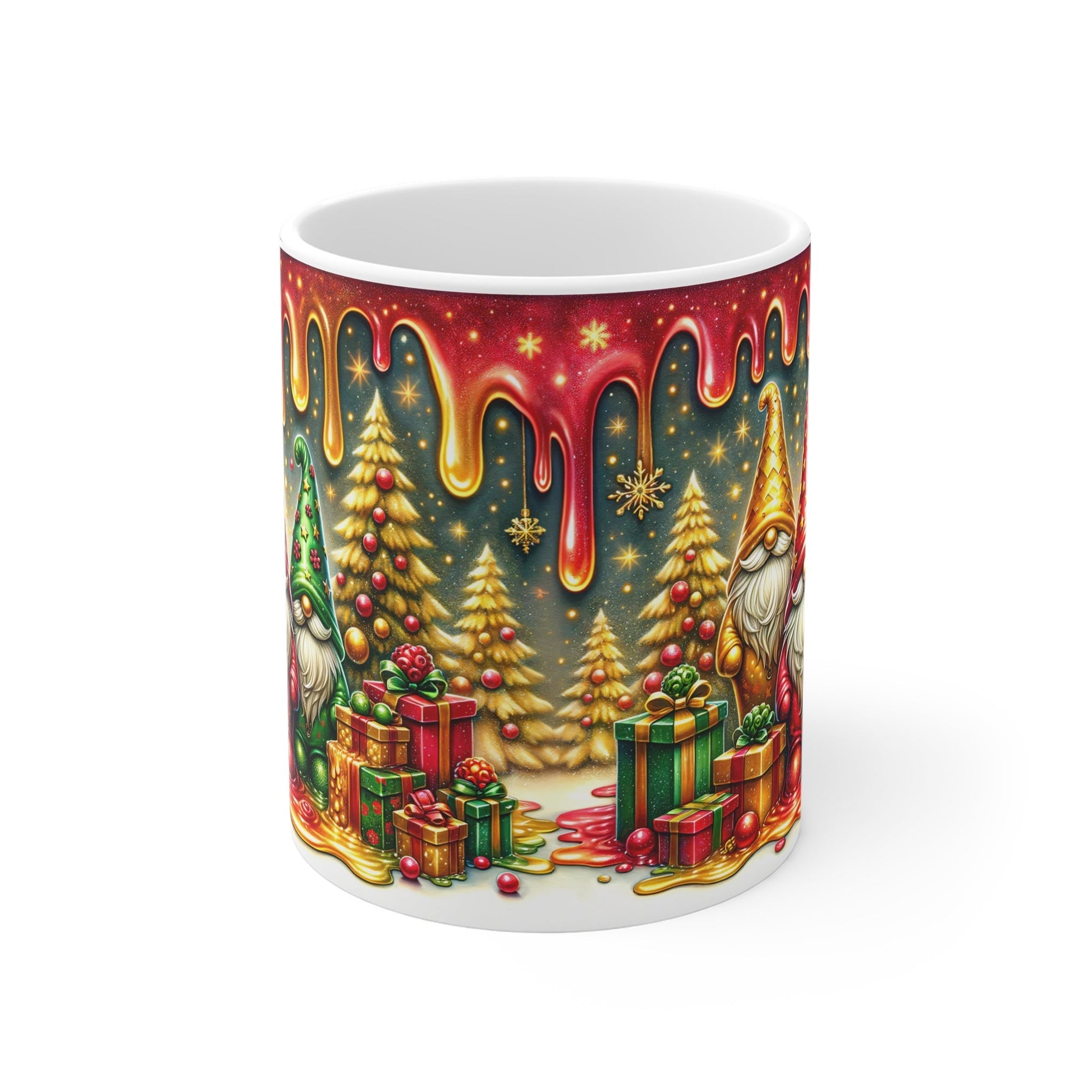 Christmas Gnome Mug with festive design, 11oz ceramic, glossy finish.