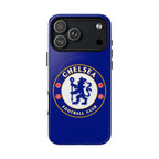 Chelsea FC MagSafe iPhone case with royal blue color and club crest, dual-layer protection, and wireless charging compatible.