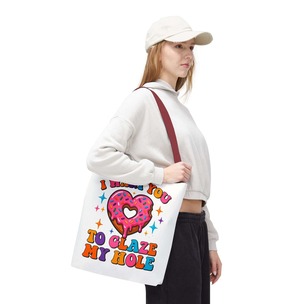Glaze My Hole Donut Tote Bag with cheeky donut design and colorful handles, reusable and durable fabric tote