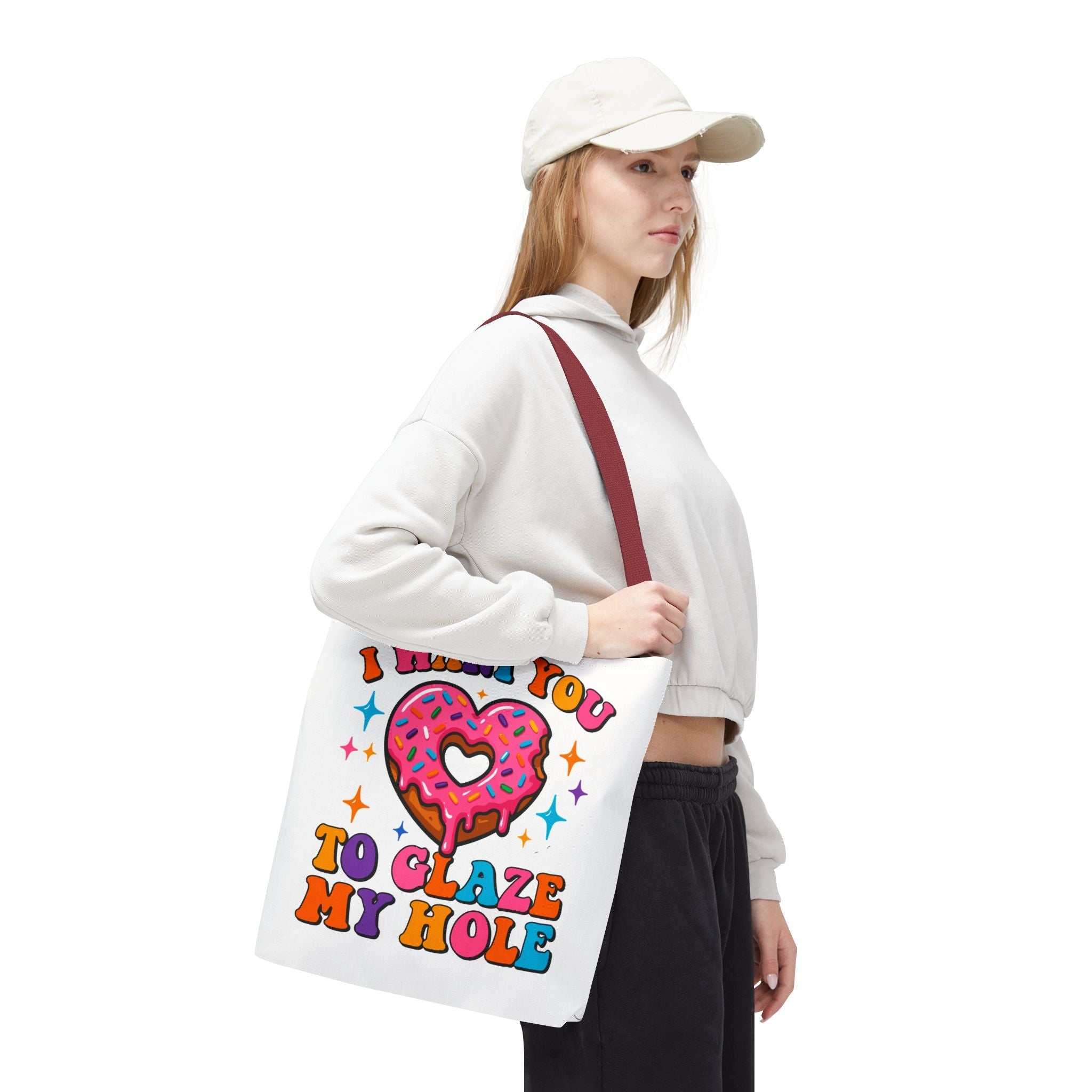 Glaze My Hole Donut Tote Bag with cheeky donut design and colorful handles, reusable and durable fabric tote