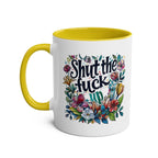 Shut The Fuck Up Coffee Mug with floral design, yellow handle, and rim.