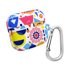 Bright geometric print hard shell AirPods case with vibrant colors and carabiner clip