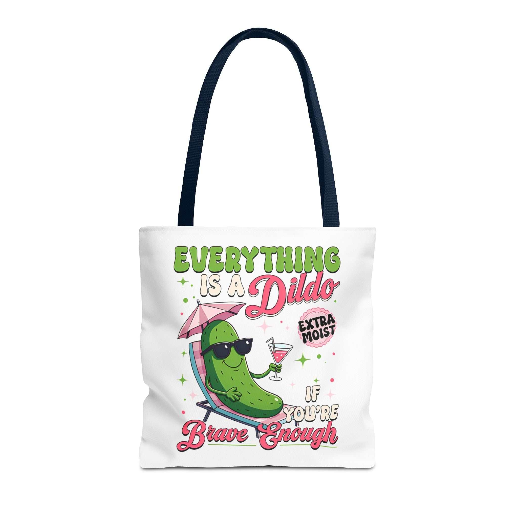 Cheeky Quote Pickle Tote Bag with fun print, durable polyester, multiple sizes and handle colors for everyday use