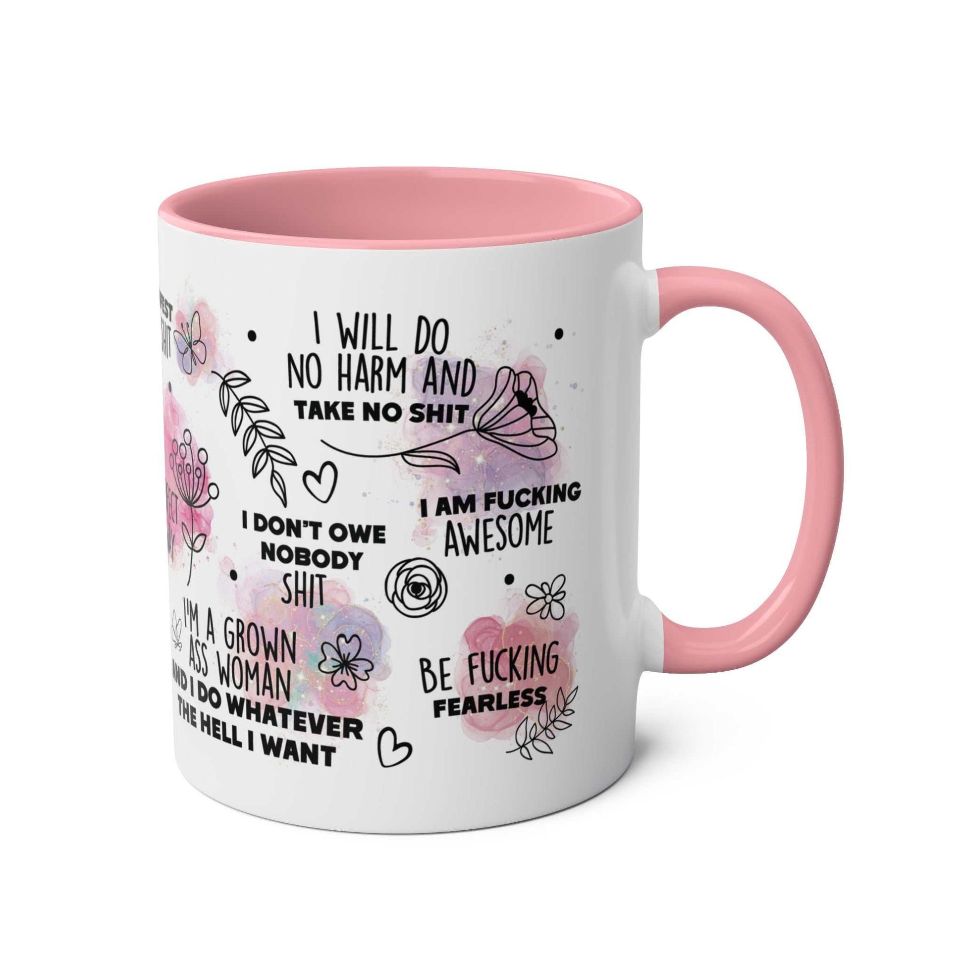 Sweary Quotes Coffee Mug with cheeky sayings, pink handle, and interior.