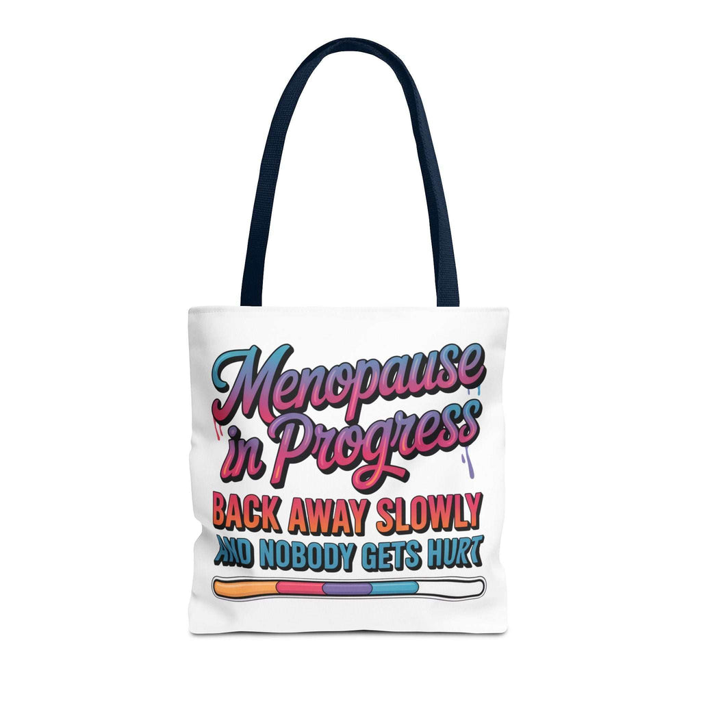 Menopause in Progress tote bag with cheeky design, durable spun polyester, multiple sizes and handle colors, reusable and lightweight
